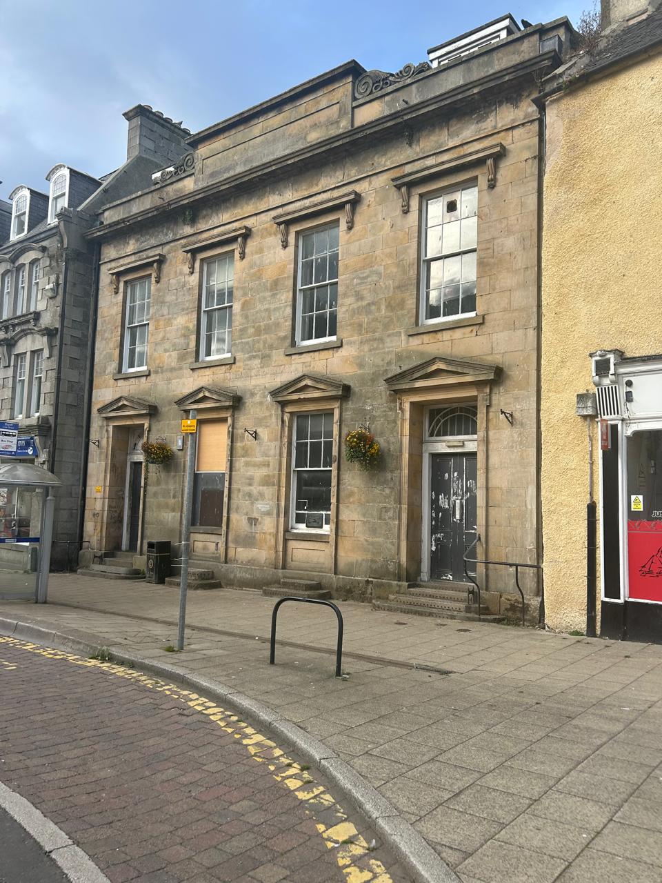 Angled street-level view of the former Clydesdale Bank building, Banff